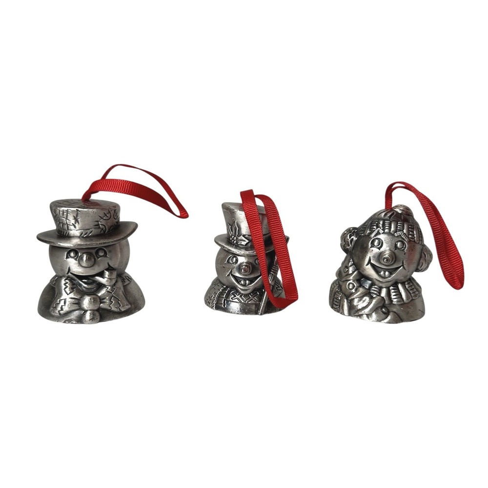Vintage 1995 Home For The Holidays Snowman‎ Bell Ornaments Set of 3 Silver